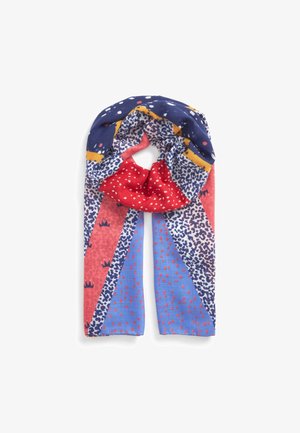 Écharpe colorée avec motifs mélangés, comprenant du rouge à pois blancs, du bleu à pois rouges, du marine avec des formes blanches et du corail avec de petits motifs de couronne.