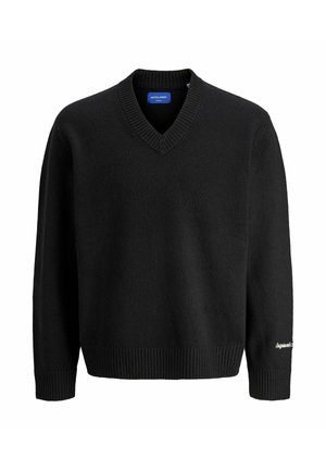 Black V-neck long-sleeve sweater with ribbed cuffs and hem, small white embroidery on the right sleeve cuff, and blue inner label.