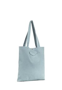 Borsa a mano azzurro chiaro realizzata in materiale morbido, con due manici lunghi, una tasca frontale con pattina e chiusura a scatto. Design semplice e senza decorazioni.
