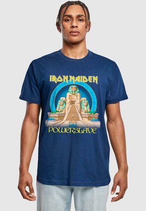 Navy blue cotton t-shirt featuring a graphic of a Pharaoh and ancient structures with the text "Iron Maiden Powerslave" in yellow.