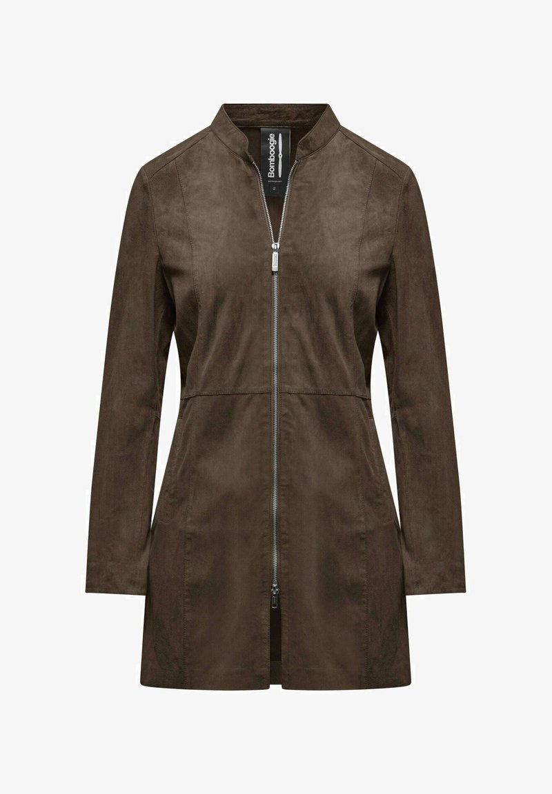 Giacca in suede marrone con colletto alto, chiusura frontale a zip e maniche lunghe. Design semplice, texture liscia e lunghezza intermedia.