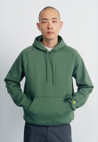 Sudadera de algodón verde con bolsillo tipo canguro, capucha con cordón y puños acanalados. Presenta un pequeño logo en la manga izquierda.