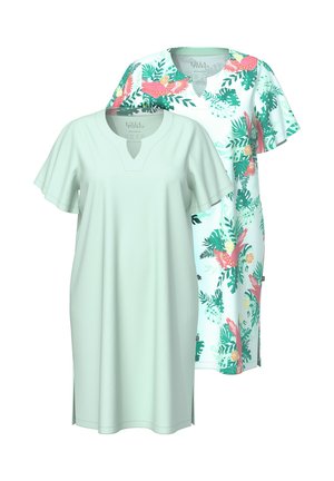 To kortærmede kjoler med V-udskæringer; den ene ensfarvet lys grøn, den anden hvid med pink, grønne og orange tropiske fugle- og bladprint.