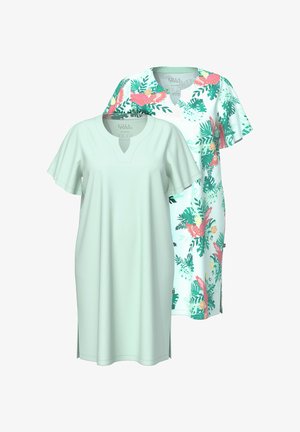 Dos vestidos de manga corta con escotes en forma de muesca; uno de color verde claro sólido y el otro blanco con estampados tropicales de pájaros y hojas en rosa, verde y naranja.
