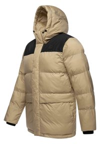 Beige pufferjakke med en sort øverste sektion, hætte, frontlommer og elastiske manchetter. Glat tekstur med quilted detaljer.
