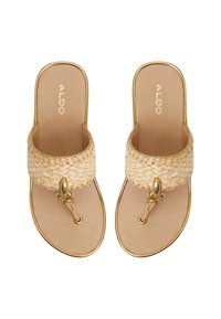 Twee slidesandalen met een geweven rieten bovenkant en gouden accenten, rustend op een beige zool. Het ontwerp heeft een decoratieve kraaltje in het midden.}}