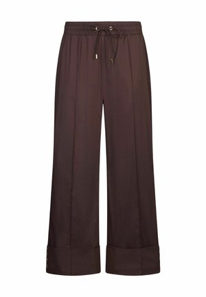 Pantalon large marron avec taille élastique et cordon de serrage, avec ourlets retroussés et détails de boutons sur les côtés.
