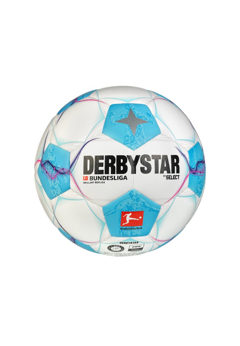 Witte voetbals met blauwe hexagonpatronen en roze accenten. Bevat "DERBYSTAR" en "Bundesliga" logo's, een textuur op het oppervlak en sterdetails.