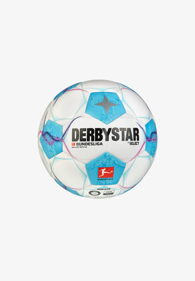 Witte voetbals met blauwe hexagonpatronen en roze accenten. Bevat "DERBYSTAR" en "Bundesliga" logo's, een textuur op het oppervlak en sterdetails.