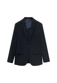 Črn blazer iz teksturirane tkanine, z enim gumbom za zapiranje, zareznimi reverji in dvema sprednjima žepoma. Vključuje tudi žep na prsi.