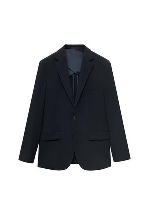 Blazer negro hecho de tejido texturizado, con cierre de un solo botón, solapas de muesca y dos bolsillos frontales. Incluye un bolsillo en el pecho.