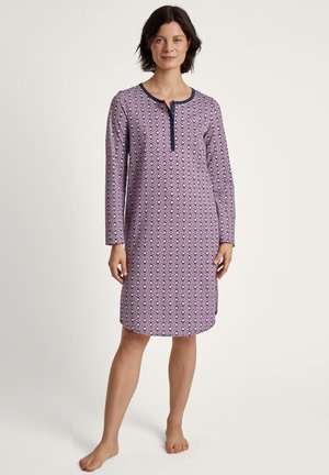 Vestito da notte a maniche lunghe in fantasia geometrica viola e rosa, con scollatura rotonda e patta con bottoni, realizzato in tessuto morbido.