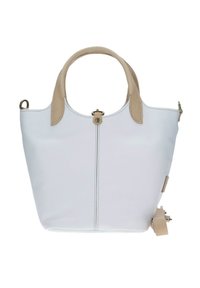 Sac à main en cuir blanc avec des accents beiges, poignées arrondies et une couture sur le devant. Il comporte une fermeture à glissière et une petite étiquette attachée.
