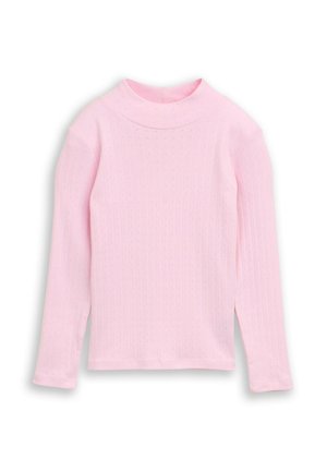 Jasnoróżowa koszula z długim rękawem z subtelnym teksturowanym wzorem i kołnierzem typu podwójna stójka, prezentowana płasko na białym tle.