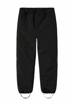Pantalon noir à taille élastique avec brides aux chevilles et poches latérales, conçu pour une coupe décontractée et un port casual.