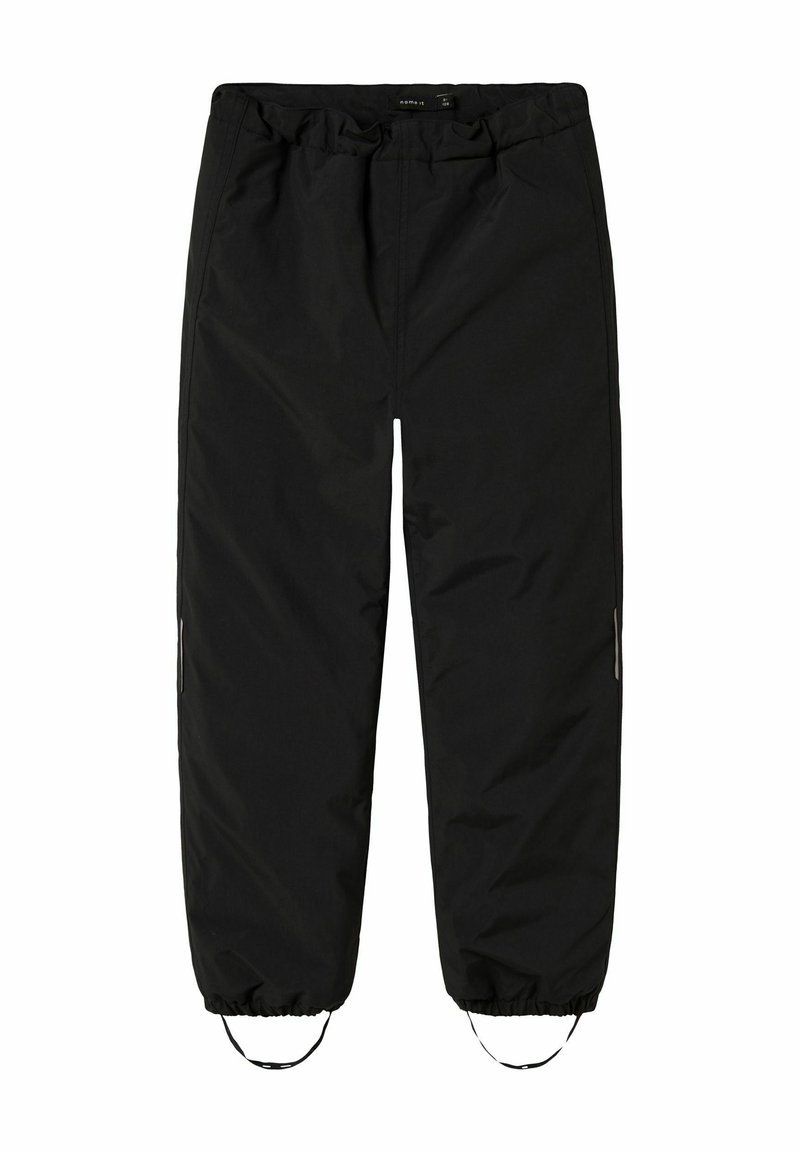 Pantalon noir à taille élastique avec brides aux chevilles et poches latérales, conçu pour une coupe décontractée et un port casual.