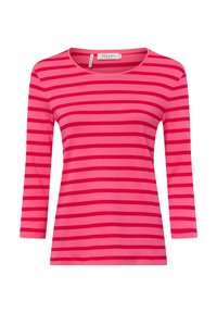 Long-sleeve, round-neck shirt featuring alternating pink and darker pink stripes, made from soft fabric with a smooth texture.