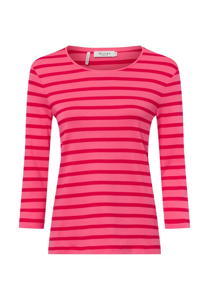 Long-sleeve, round-neck shirt featuring alternating pink and darker pink stripes, made from soft fabric with a smooth texture.