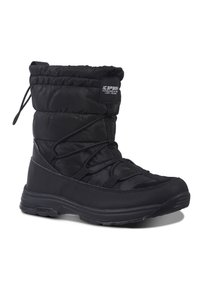 Schwarze wasserdichte Stiefel mit gepolstertem Schaft, elastischen Schnürsenkeln und strukturiertem Gummisohlen. Mit einem Logopatch und gerafftem Bund für einen engen Sitz.