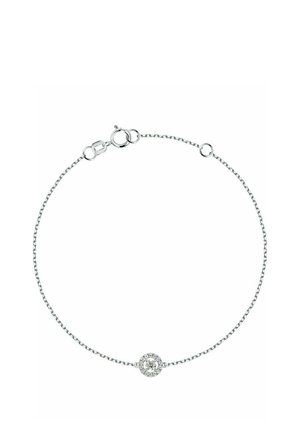 Silberne Kettenarmband mit einem runden Anhänger, der in der Mitte einen Cluster von glitzernden klaren Steinen trägt, und einem sicheren Verschluss.