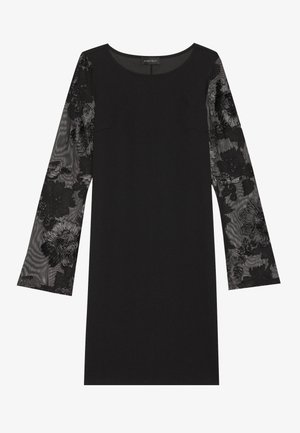 Černé šaty s dlouhými, průhlednými rukávy vyšívanými květinami. Mají kulatý výstřih a přiléhavý střih. Hladká textura a elegantní design.