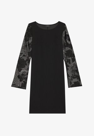 Robe noire avec de longues manches transparentes brodées de fleurs. Dispose d'une encolure ronde et d'une silhouette ajustée. Texture lisse et design élégant.