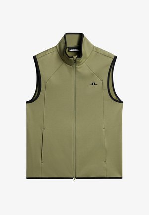 Olivevihreä ilman hihoja oleva liivi, jossa on korkea kaulus, vetoketju edessä, mustat sivuakkentsit ja logo rinnassa, valmistettu sileästä, venyvästä kankaasta.