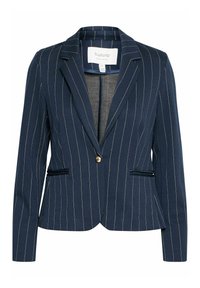 Granatowa marynarka w prążki wykonana z tkaniny o gładkiej fakturze. Posiada klapy z wycięciem, pojedyncze zapięcie na guzik oraz dwie przednie kieszenie.