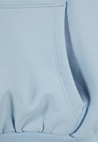 Light blue sweatshirt with a textured finish, featuring a kangaroo pocket and ribbed hem. Seam details visible along the edges.