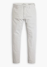 Helle graue Chinos aus Baumwollstoff mit einem standardisierten, schmal zulaufenden Schnitt, seitlichen Taschen und einem Knopfverschluss.