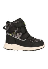 Schwarze und graue Sportschuhe mit strukturiertem Finish, ausgestattet mit einem Camouflage-Muster, zwei verstellbaren Klettverschlüssen und einer gepolsterten Sohle.
