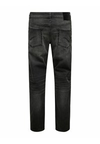 Sorte denimjeans med lige skær, falmet tekstur, synlige stikninger, to baglommer og et mærketag på taljen.