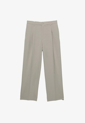 Svijetlosive hlače širokih nogavica s glatkom teksturom, s prednjim nabranim detaljima, kopčanjem na gumb i bočnim džepovima.