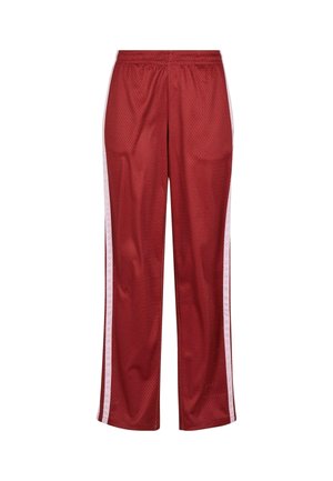 Pantalons en maille rouge avec des bandes latérales blanches, offrant une coupe décontractée et une taille élastique, conçus pour le confort et la respirabilité.