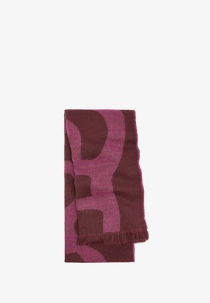 Dziana szal w bordo podstawie z różowym abstrakcyjnym wzorem i frędzlami. Wykonana z miękkiego materiału, ma prostokątny kształt.