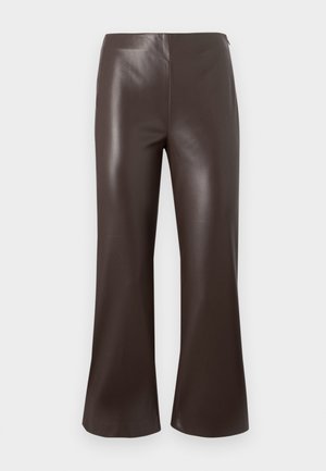 Brown faux leather flared pants with a high waist and smooth texture, featuring a clean, tailored design and wide leg openings.