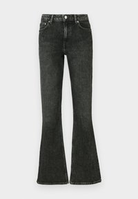 Jean évasés noirs en denim, avec une taille haute, un design à cinq poches et une fermeture par bouton. La texture est lisse avec un léger effet de décoloration.