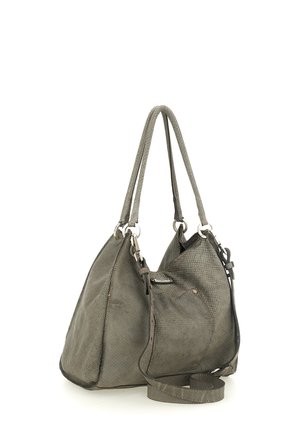 Borsa a mano in pelle grigia morbida e testurizzata con doppi manici, tasca frontale e tracolla removibile su sfondo bianco.