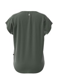 Dark green short-sleeve shirt with a textured fabric and curved hem. Features a small logo at the back neckline.