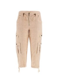 Beige Cargo-Hosen aus leichtem Material, mit zwei seitlichen Cargo-Taschen, Kordelzug-Bündchen und einem Reißverschluss vorne.
