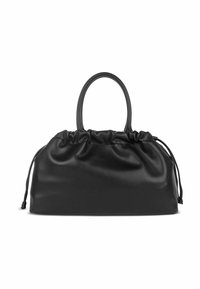 Borsa a tracolla in pelle nera con un design arricciato, due manici arrotondati e dettagli con coulisse sui lati per la chiusura e la regolazione.