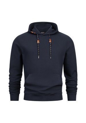 Hoodie bleu marine en tissu texturé. Comprend une capuche avec cordon de serrage et accents orange, une poche frontale et des poignets et un ourlet côtelés.