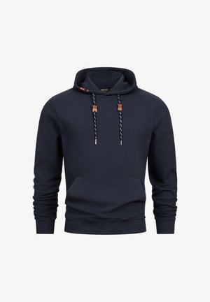 Navy blue hoodie made of textured fabric. Features a drawstring hood with orange accents, a front pocket, and ribbed cuffs and hem.