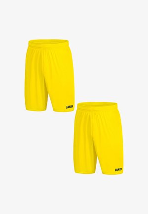 Yellow athletic shorts made from lightweight fabric, featuring an elastic waistband and black "JAKO" logo on the lower left leg.