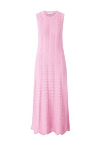 Robe sans manches en tricot rose avec un motif en chevrons, design long jusqu'au sol, texture légère et col rond.