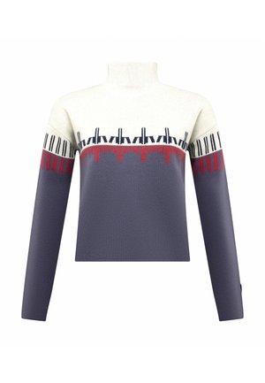 Sweter dziergany z wysokim kołnierzem, z białym, granatowym i czerwonym wzorem. Rękawy w kolorowe bloki, teksturowane wykończenie oraz prosty krój.