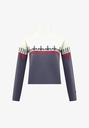 Sweter dziergany z wysokim kołnierzem, z białym, granatowym i czerwonym wzorem. Rękawy w kolorowe bloki, teksturowane wykończenie oraz prosty krój.