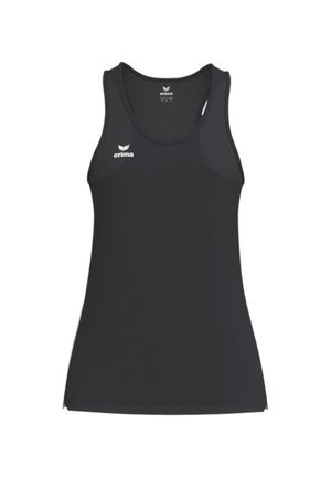 Débardeur de sport noir sans manches avec le logo Erima sur la poitrine et à l'intérieur de l'encolure, conçu pour le sport ou les activités physiques.
