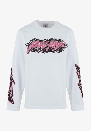 White long-sleeve T-shirt made of cotton, featuring a central graphic in black and pink flames with stylized text on sleeves.