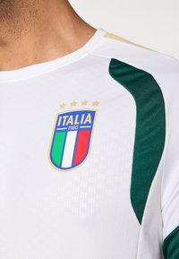 Biele športové tričko so zelenými akcentmi. Obsahuje zlatý a modrý znak talianskej národnej futbalovej reprezentácie s tromi zlatými hviezdami nad ním. Hladká textúra.